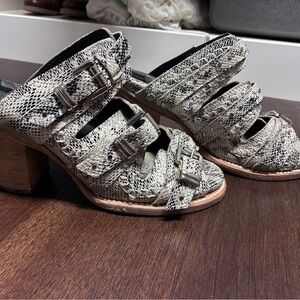 freebird Woven Buckle Heeled Sandals in Neutral Snake Print